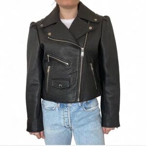 Michael by Michael Kors Genuine Leather Puff Sleeve Moro Jacket ✨